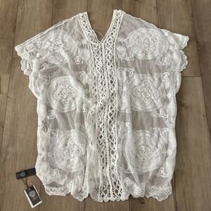 NWT Vince Camuto Sheer Lace Pullover White Kimono Cover Up One Size